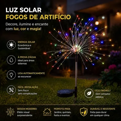 Luz solar de jardim em estaca com fios de LEDs coloridos abertos como fogo de artifício sobre gramado à noite