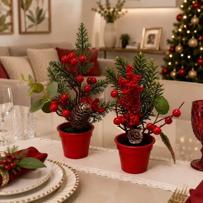 Dois mini arranjos de pinheiro com frutinhas vermelhas e pinhas em vasos vermelhos sobre mesa posta de Natal