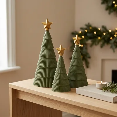 Três árvores de Natal em cone verde canelado, de alturas diferentes, com estrela dourada, sobre aparador de madeira clara