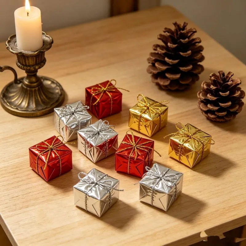 Caixinhas de presente em miniatura vermelhas, douradas e prateadas com laços de cordão sobre mesa, com vela e pinhas