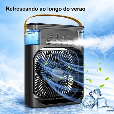 Mini climatizador preto com hélice frontal, tanque de água iluminado em azul, painel de botões e alça caramelo