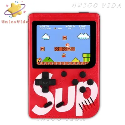 Mini game portátil vermelho com letras brancas, botões pretos e tela mostrando jogo de plataforma em estilo 8 bits