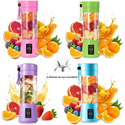 Quatro mini liquidificadores portáteis nas cores rosa, verde, lilás e azul com frutas picadas e conjunto de seis lâminas