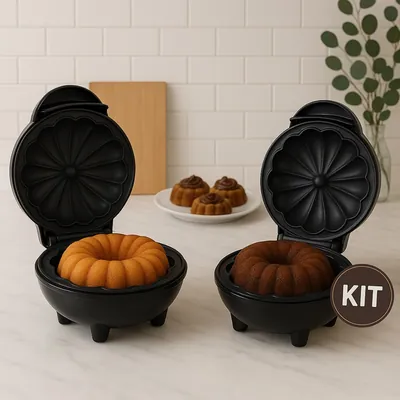 Duas mini máquinas de bolo pretas abertas com bolinhos canelados de baunilha e chocolate sobre bancada de mármore