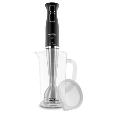 Mixer de mão preto Britânia com haste de inox dentro de copo medidor transparente com alça e tampa ao lado