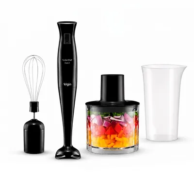 Mixer Elgin Turbo Chef preto com batedor de arame, triturador transparente com legumes picados e copo de plástico
