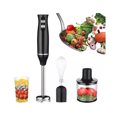 Mixer de mão preto com haste metálica, copo com frutas, batedor de arame e processador com tomate e brócolis