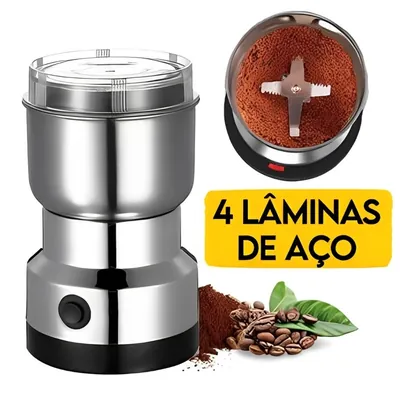 Moedor elétrico de aço inox com tampa transparente, detalhe do copo com café moído e lâmina em cruz, grãos ao lado