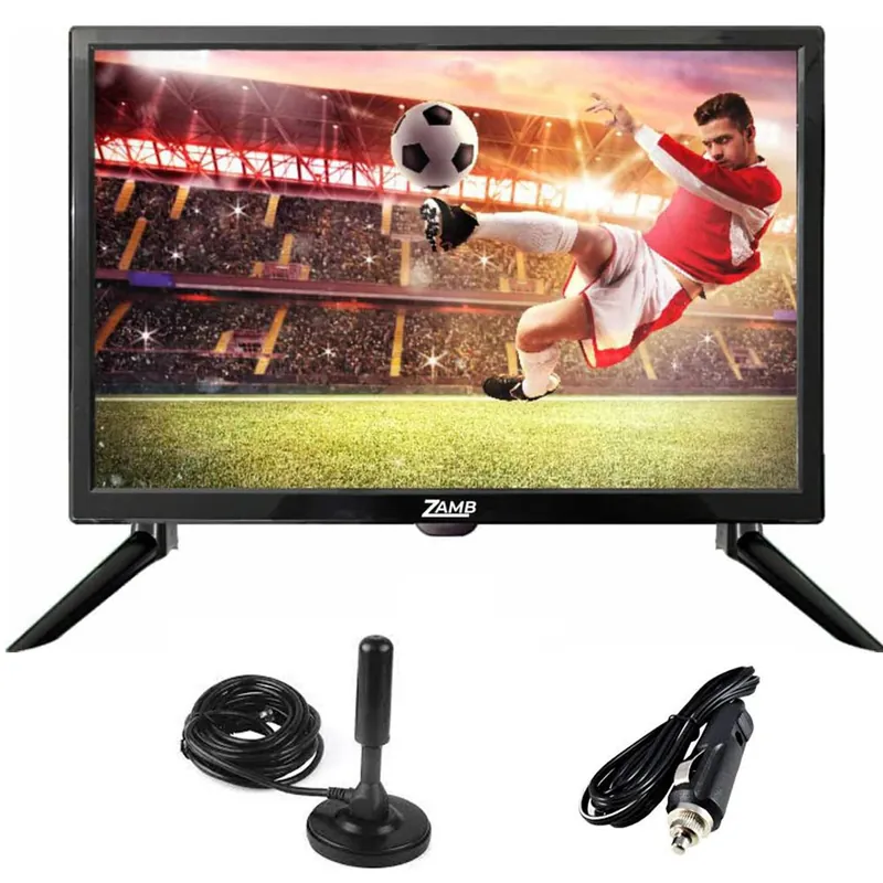 TV LED de 19 polegadas de moldura preta com pés laterais, antena com base redonda e cabo de acendedor de carro