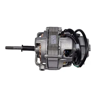 Motor de ventilador sem carcaça, com bobinas de cobre, núcleo metálico, eixo rosqueado e fios pretos saindo pela lateral