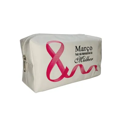 Nécessaire branca retangular com zíper e estampa de fita rosa em forma de 8 e frase do Dia Internacional da Mulher