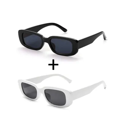 Dois óculos de sol retrô retangulares, um de armação preta e outro de armação branca, ambos com lentes escuras