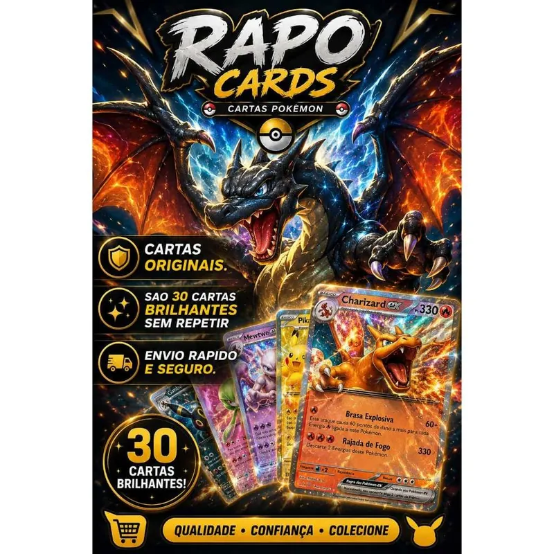 Arte de anúncio com dragão escuro, logotipo Rapo Cards e cartas Pokémon em leque, com Charizard ex à frente