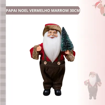 Boneco de Papai Noel em pé com casaco vermelho, calça marrom de suspensório, óculos e pinheirinho nevado na mão