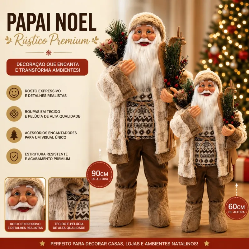 Dois bonecos de Papai Noel de pé em tons de bege e marrom, com casaco felpudo, suéter nórdico, esquis e ramos de pinheiro