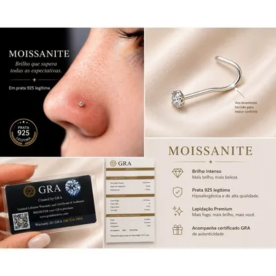 Piercing de nariz com pequena pedra de moissanite usado na narina e haste curva prateada em destaque
