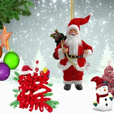 Pingente de Papai Noel em pé com roupa vermelha, barba branca, saco nas costas e lanterna, pendurado por cordão dourado