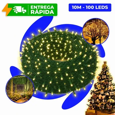 Cordão de luzes de LED branco quente com fio verde enrolado, com fotos menores de árvore e pergolado iluminados