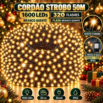 Cordão de pisca-pisca enrolado com centenas de LEDs acesos em luz amarelada e fio escuro, com fonte ao lado
