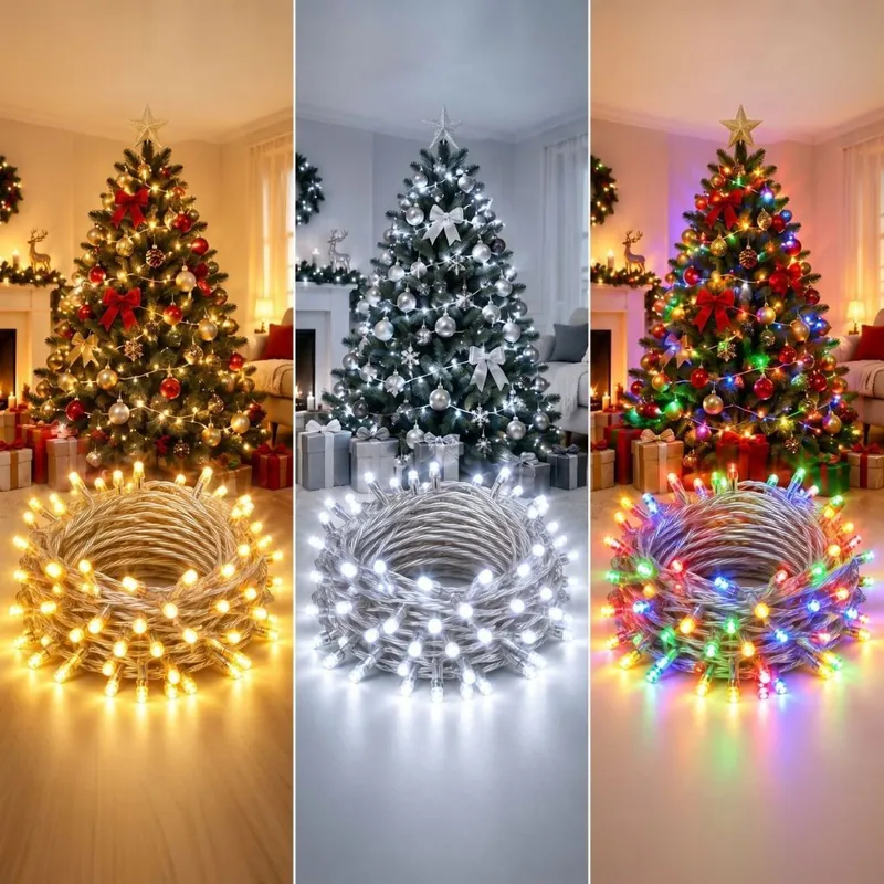 Três rolos de pisca-pisca de fio transparente acesos em branco quente, branco frio e colorido, diante de árvores de Natal
