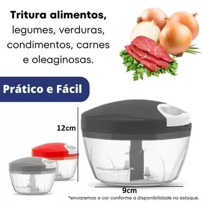 Processador manual com tampa cinza e pote transparente, ao lado de versões menores em cinza e vermelho
