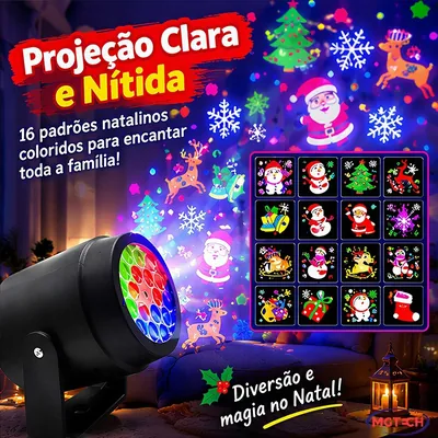 Projetor LED preto em suporte articulado lançando desenhos coloridos de Papai Noel, renas e flocos de neve na parede