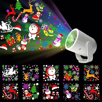Projetor branco pequeno com suporte em U projetando renas, boneco de neve, Papai Noel e flocos coloridos na parede escura