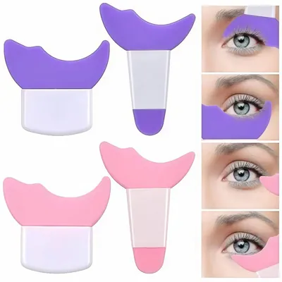 Moldes de maquiagem em roxo e rosa com borda curva e cabo branco, e olhos mostrando o uso acima e abaixo dos cílios
