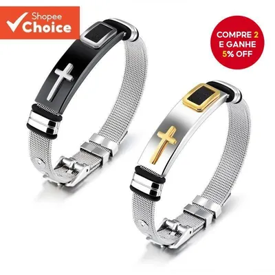 Duas pulseiras de malha de aço com fivela e placa de cruz, uma preta com cruz prata e outra prata com cruz dourada