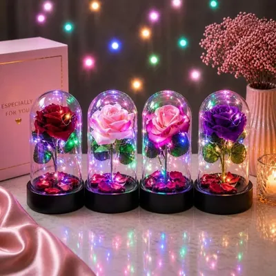 Quatro rosas em redomas com fio de LED colorido: vermelha, rosa-clara, pink e roxa, sobre bases pretas e pétalas soltas