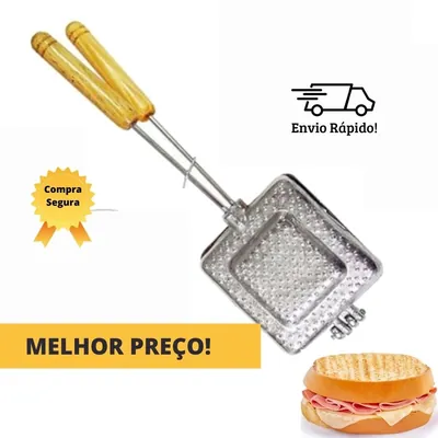 Sanduicheira de fogão de alumínio com placas quadradas texturizadas, hastes de metal e dois cabos de madeira clara