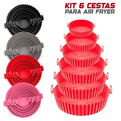 Seis formas redondas de silicone vermelho empilhadas por tamanho, com alças laterais, e conjuntos em preto, cinza e rosa