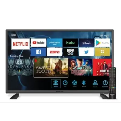 Smart TV preta de 32 polegadas com tela inicial cheia de ícones de aplicativos e controle remoto preto ao lado