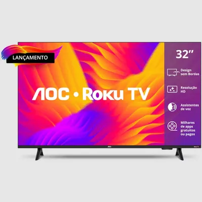 Smart TV AOC de 32 polegadas com bordas finas e pés nas pontas, tela laranja e roxa com o logo AOC Roku TV