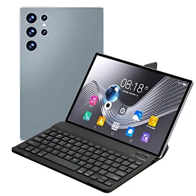 Tablet cinza-azulado com quatro câmeras atrás e, à frente, a tela ligada apoiada sobre um teclado preto