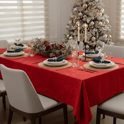 Mesa posta com toalha jacquard vermelha, pratos brancos, guardanapos azuis e árvore de Natal branca ao fundo