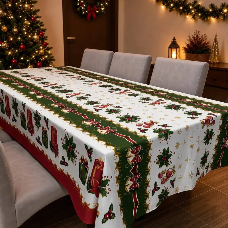 Toalha de mesa de Natal branca com azevinho, faixa verde de laços e barra com velas vermelhas sobre mesa com cadeiras cinza