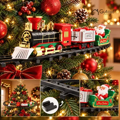Trem de Natal com locomotiva preta e dourada, vagão de carvão e trenó com Papai Noel em trilho preso aos galhos da árvore
