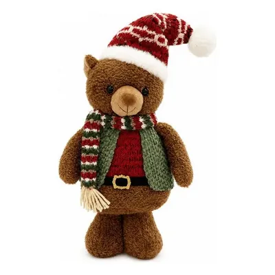 Urso de pelúcia marrom em pé com gorro vermelho de tricô, cachecol listrado, colete verde e cinto preto de fivela dourada