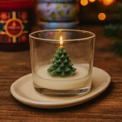 Vela com pinheirinho verde de cera acesa dentro de copo de vidro sobre pires creme, com luzes de Natal ao fundo