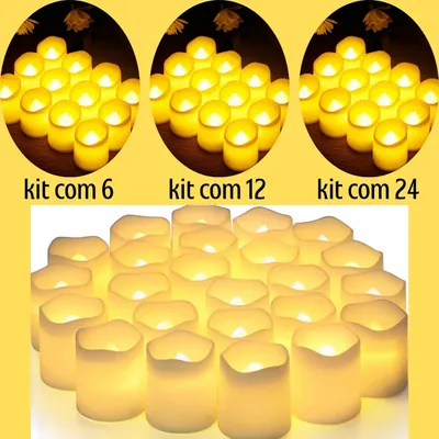 Grupo de velas de LED brancas com borda ondulada acesas em luz amarela; opções de kit com 6, 12 e 24 unidades
