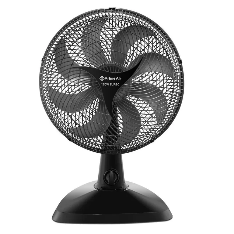 Ventilador preto com oito pás curvas, grade fechada, logotipo Prime Air 150W Turbo no centro e base larga