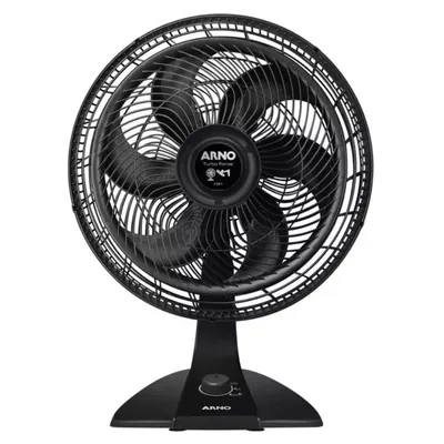 Ventilador Arno Turbo Force preto de frente, com grade redonda em espiral, hélice de pás curvas e base com botão giratório