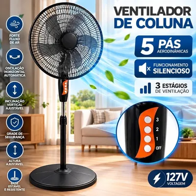 Ventilador de coluna preto com grade redonda, cinco pás, botões 1, 2, 3 e off na haste e base circular numa sala