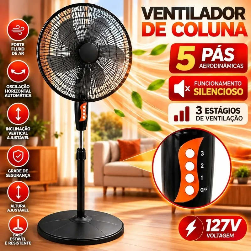 Ventilador de coluna preto com cinco pás, grade redonda, botões laranja na haste e base circular, numa sala clara