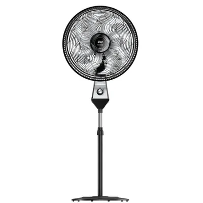 Ventilador de coluna preto e prateado com grade redonda, oito pás translúcidas, botão giratório e base preta