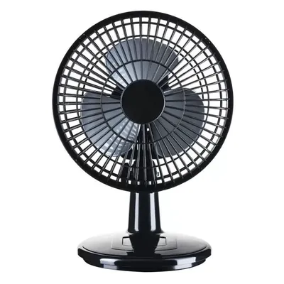 Ventilador de mesa pequeno preto com grade redonda, hélice de três pás cinza, coluna curta e base circular