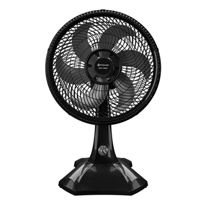 Ventilador de mesa preto com grade espiral, seis pás escuras, selo Prime Air 60W Turbo e base larga com botão giratório