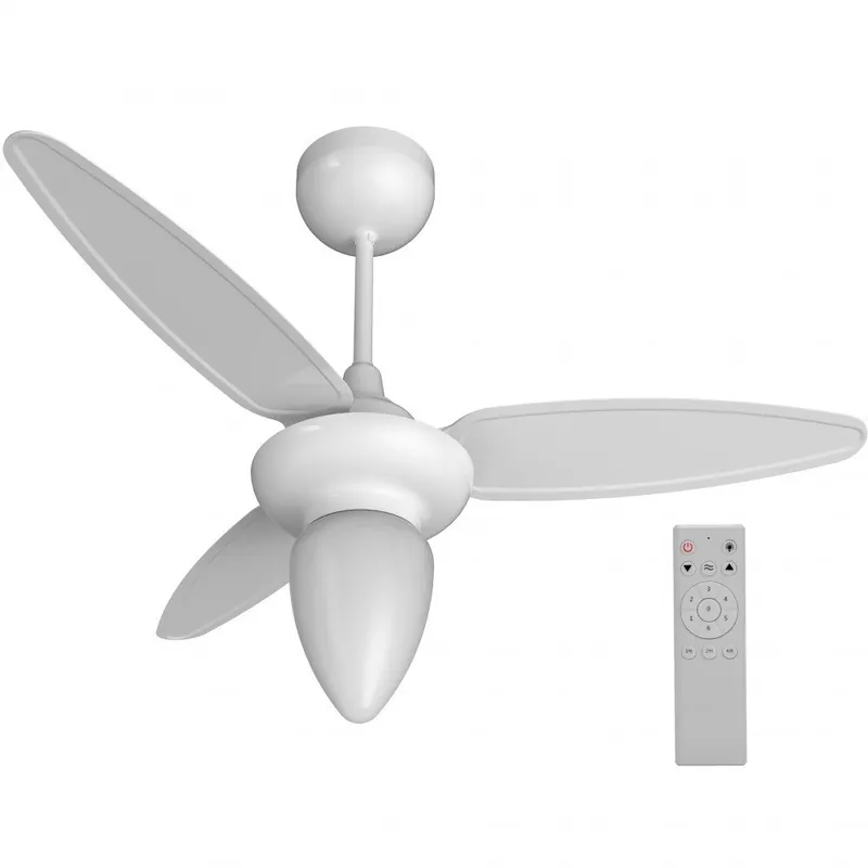 Ventilador de teto branco com três pás claras, luminária em formato de gota e controle remoto branco ao lado