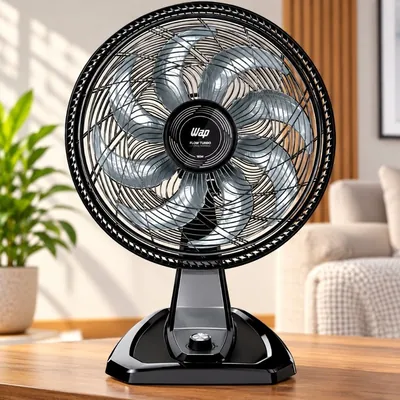 Ventilador preto WAP Flow Turbo com oito pás cinza translúcidas sobre mesa de madeira numa sala
